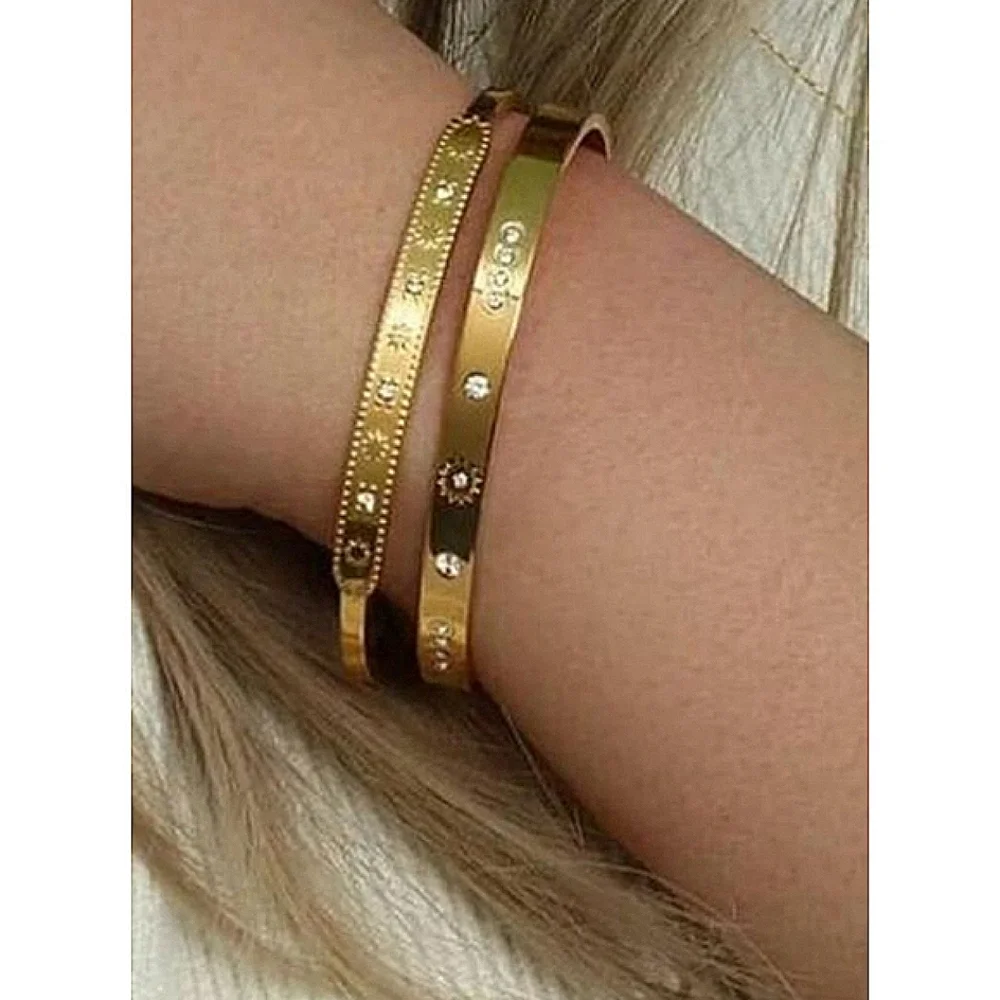 NEW Unisex Gold Plated 316L Simulated‎ Diamond Star Cuff Bracelet, Adjustable